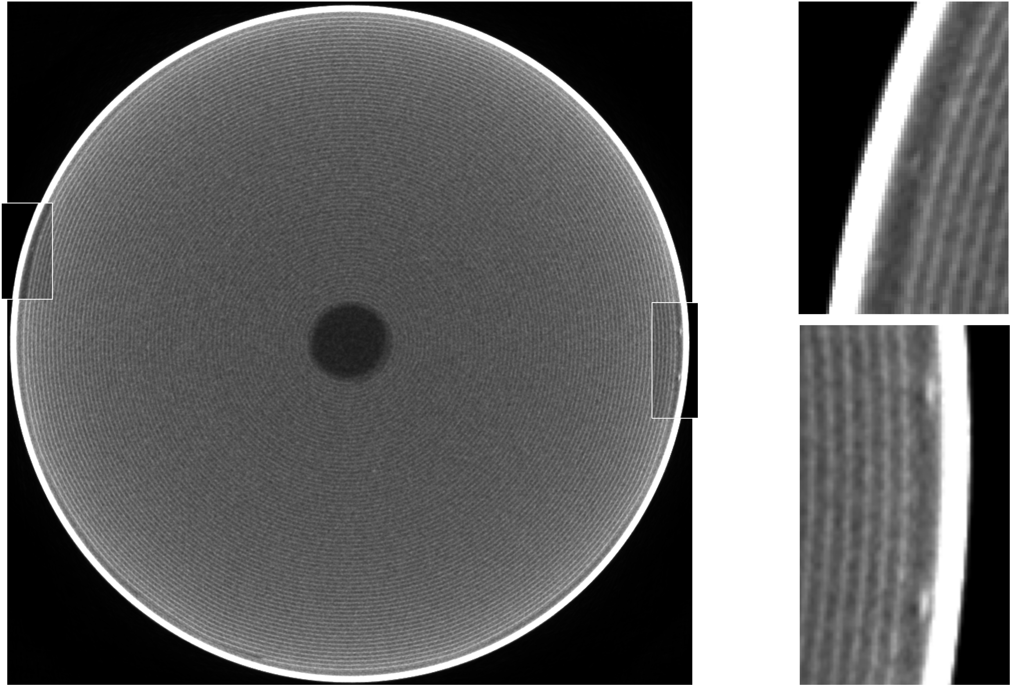 Battery can CT case illustrating low-contrast particles near the dense housing edge